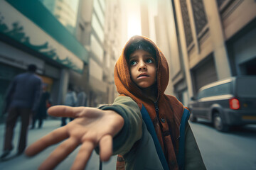 Poor beggar hungry child boy ragged in torn clothes with an outstretched hand and a small change of a coin on the streets of a tourist city. Generative AI - obrazy, fototapety, plakaty