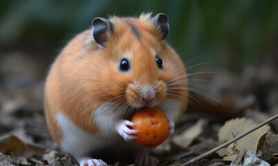  a hamster eating a carrot on the ground in the leaves of a forest floor with a blurry background of leaves and a green plant.  generative ai