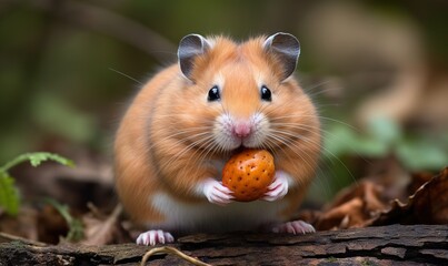  a hamster is holding an orange ball in its mouth and it's paws on the ground in front of the hamster's face.  generative ai