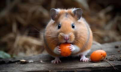  a brown and white hamster eating an orange ball on a wooden surface next to a pile of brown and white pumpkins and leaves.  generative ai