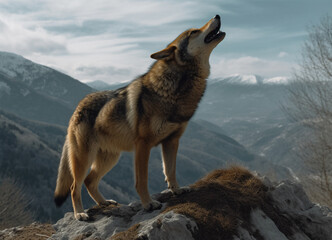Scenic portrait of wolf roaring over mountain, generative ai