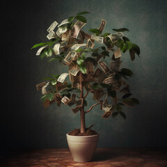 small plant with money in a plant pot