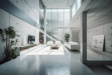 Fototapeta na wymiar Minimalist Living room. All-white color palette. Centered perspective. Interior Design
