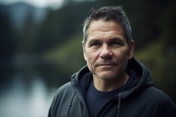 Obraz premium Portrait of a handsome middle-aged man on the bank of a mountain lake