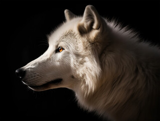 White wolf face portrait detail, on dark background, generative ai