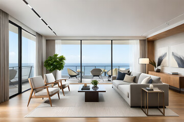 Fototapeta premium Interior design of a modern, stylish, serene, and calming living room that incorporates soft lighting, muted colors, and minimalist decor | Generative AI