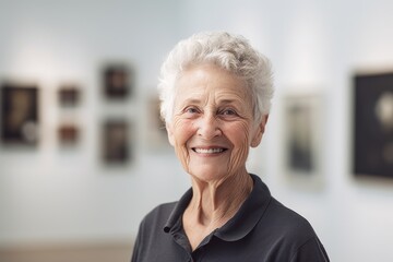 Fototapeta na wymiar Portrait of smiling senior woman looking at camera in art gallery.