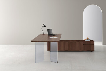 3d render minimal office interior design . Office desks without office chairs