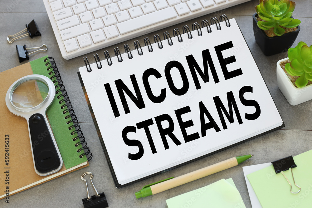 Poster income streams - text on an open notepad. on a wooden table