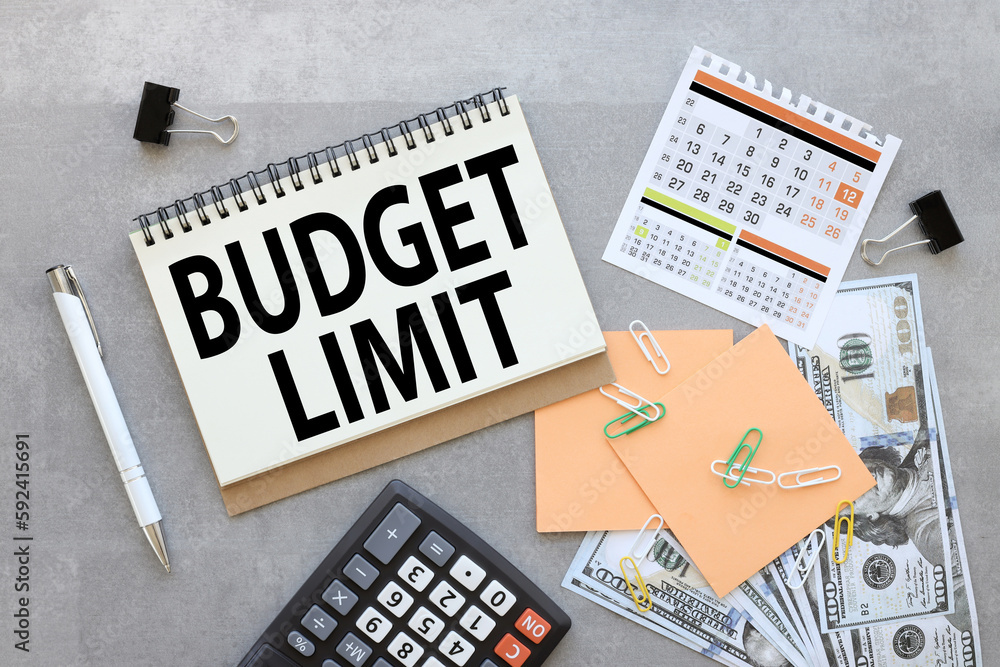 Poster calculator calendar and gray background with text. budget limit