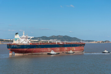 Fototapeta premium Big tanker ship sailing near the Chinese coast.