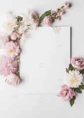 Obraz na płótnie Canvas wedding, birthday mock-up scene. Blank paper greeting card. Floral frame. Gen AI