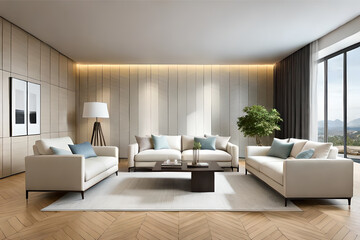 Interior design of a modern, stylish, serene, and calming living room that incorporates soft lighting, muted colors, and minimalist decor | Generative AI