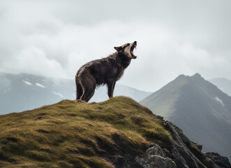 Scenic portrait of wolf roaring over mountain, generative ai