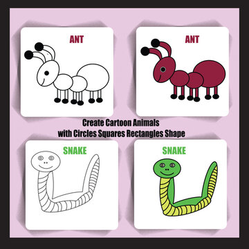 create cartoon animals Ant AND Snake with circles squares rectangles shape