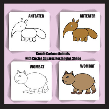 create cartoon animals Anteater AND Wombat with circles squares rectangles shape 