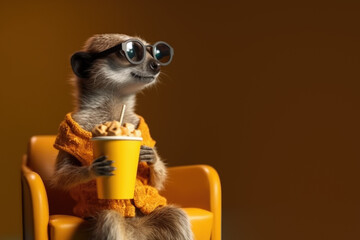 meerkat wearing glasses sits in a cinema and holds popcorn Generative AI - obrazy, fototapety, plakaty