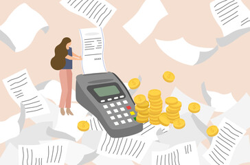 A poor woman has little money to pay for expenses, flat design of money management vector, flat design of a woman with many shopping list vector, woman make payment for many bills.