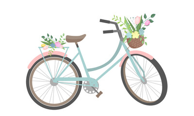 Cute bicycle with colorful flowers and basket. Isolated on white background. Retro bike, basket with flowers and plants. Vector illustration