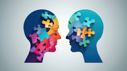 Illustrative Darstellung von zwei Köpfen mit Puzzleteilen (Generative AI)