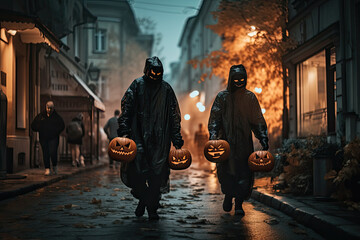People in monster costume. Halloween celebrating. Generative ai
