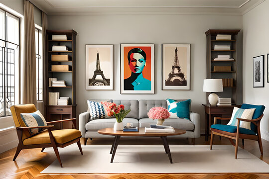 Interior design of a travel-inspired living room that incorporates souvenirs, travel posters, and a global color palette inspired by your favorite destinations | Generative AI