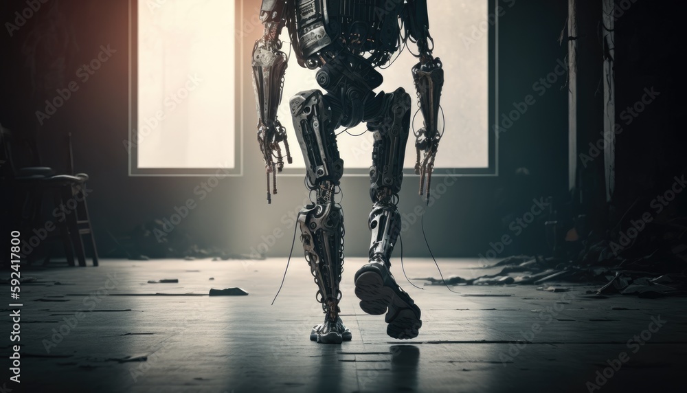 Poster cyborg is walking on down the floor. half body cyborg. near future is coming. android with prostheti