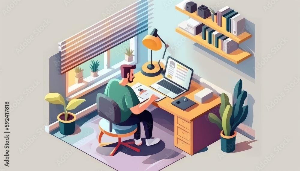 Poster working at home programmer freelancer online sitting on the armchair in the office at the computer, 