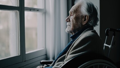 Senior man disabled sitting alone in wheelchair looking through window at hospital, lonely elder thoughtful sad old man look outside in bedroom at retirement home, feel depressed lonely. Generative AI - obrazy, fototapety, plakaty