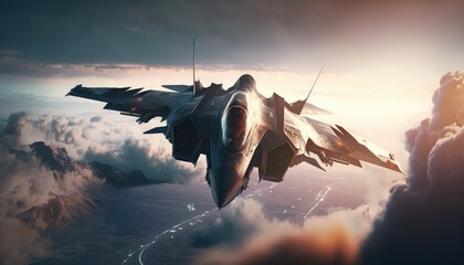 Pair of combat fighter jet on a military mission with weapons - rockets, bombs, weapons on wings flies high in the sky above the clouds. Warfare concept. Generative AI - obrazy, fototapety, plakaty