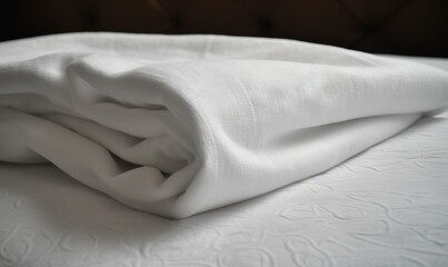  a white sheet is folded on top of a white bed sheet on a bed with a brown headboard in the background and a brown headboard in the background.  generative ai