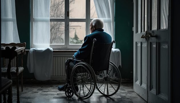 A lonely old man sits in a wheelchair and looks out the window. Loneliness and old age. lonely elder thoughtful sad old man look outside windows in bedroom at retirement home. Generative AI