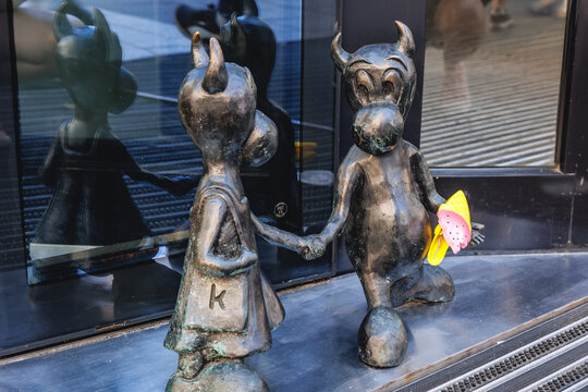 Katowice, Poland - August 25, 2022: Statues of Bebok bogeyman from Silesian legends in Katowice