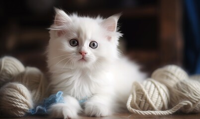  a white kitten sitting on top of a wooden floor next to balls of yarn and a ball of yarn on the floor next to it.  generative ai
