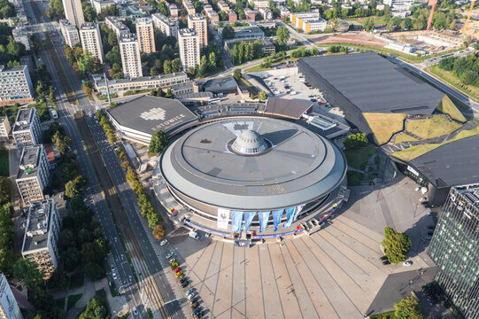 Katowice, Poland - August 25, 2022: Drone photo of Spodek arena and Internetional Congress Center in Katowice