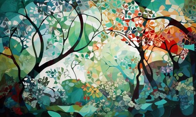  a painting of trees and leaves in a forest with blue sky in the background and red and green leaves in the foreground, and a red and green sky in the background.  generative ai