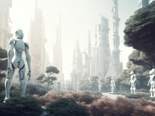 White light futuristic city scape with robots fine art generative ai
