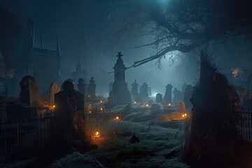 Halloween background with cemetery, ghost and jack-o-lantern pumpkins. Generative ai