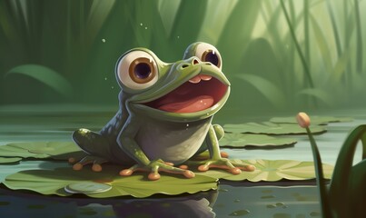  a frog sitting on a lily pad in a pond with a frog looking at the camera with a surprised look on its face and eyes.  generative ai