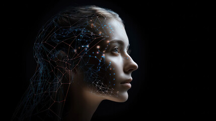 Generative ai futuristic image with glowing dots in space and a womens face