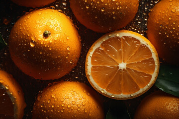Fototapeta na wymiar Fresh orange background, adorned with glistening droplets of water. Generative AI