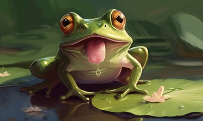  a frog with its mouth open sitting on a lily pad with its tongue out and tongue hanging out, with water droplets surrounding it, and a green background.  generative ai