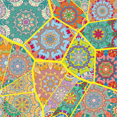 Vector patchwork quilt pattern. Vintage decorative collage. Hand drawn background. Indian, Arabic, Turkish motifs for printing on fabric or paper. Abstract colorful doodle pattern in mosaic style