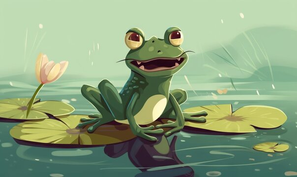  a frog sitting on a lily pad in a pond with water lilies in the foreground and a mountain in the background, with a green background.  generative ai