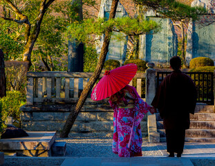 Man and a woman in traditional japanese clothes, traditional japanese woman in pink kimono and...