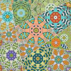Vector patchwork quilt pattern. Vintage decorative collage. Hand drawn background. Indian, Arabic, Turkish motifs for printing on fabric or paper. Abstract colorful doodle pattern in mosaic style