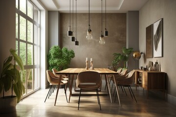 Modern Dinning Room Inside a Fresh Renovated Building - detailed 3d visualization. Generative AI