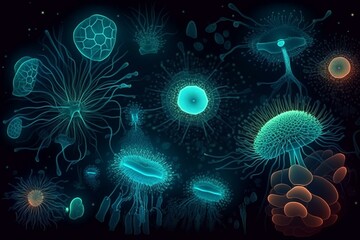 Fantastic bioluminescent micro organisms. Beautiful, fantasy background. Generative AI