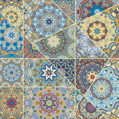 Vector patchwork quilt pattern. Vintage decorative collage. Hand drawn background. Indian, Arabic, Turkish motifs for printing on fabric or paper. Abstract colorful doodle pattern in mosaic style