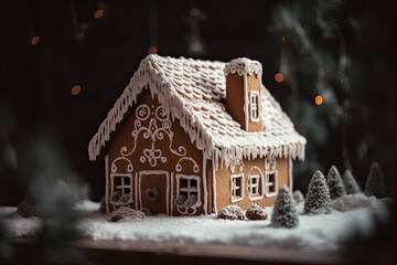A Homey Christmas Decoration: A Delicious Gingerbread House Amidst the Snowy Winter Wonderland: Generative AI